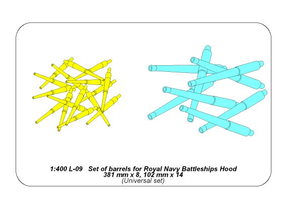 ABR-1:400-L-09  Дополнения для  Set of barrels for Royal Navy Battleships Hood 381 mm x 8, 102 mm x 14 универсальный набор 1/400