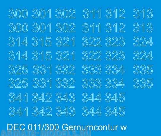 DEC011/300 Контурные номера на немецкую технику масштаб 1/100 с 100 по 400. Цвет – белый контур