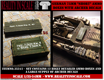 35241RIS German 75mm Short ammo boxes - 12 resin pieces and Archer decals