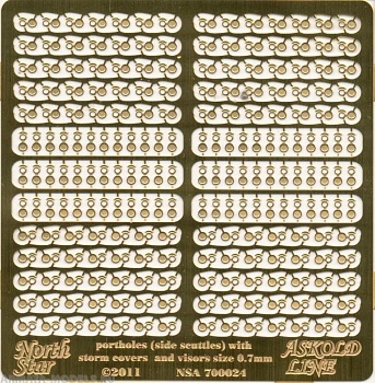 NSA700024 Portholes (side scuttles) with storm covers and visors for the French warships of early 20-th century 0,7 mm size (in clear)